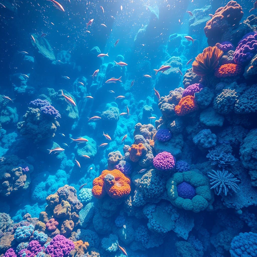 Dreamlike Great Barrier Reef Fantasy Art in Vibrant Cerulean...