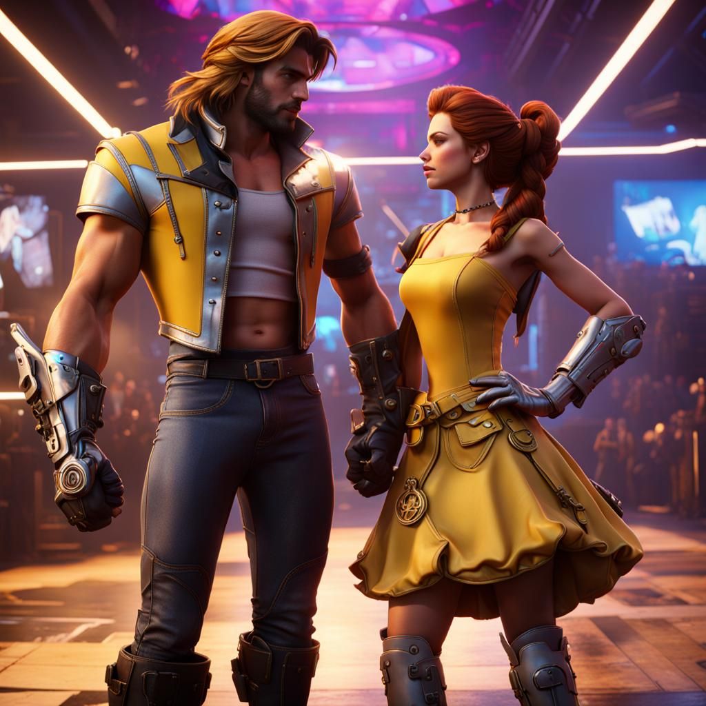 Disney's Belle and Prince Adam dressed as Cyberpunks. 8K resolution Unreal Engine 5