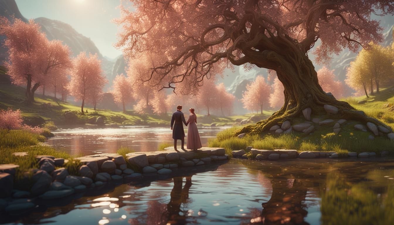 Art Nouveau Couple by River in Spring Colors