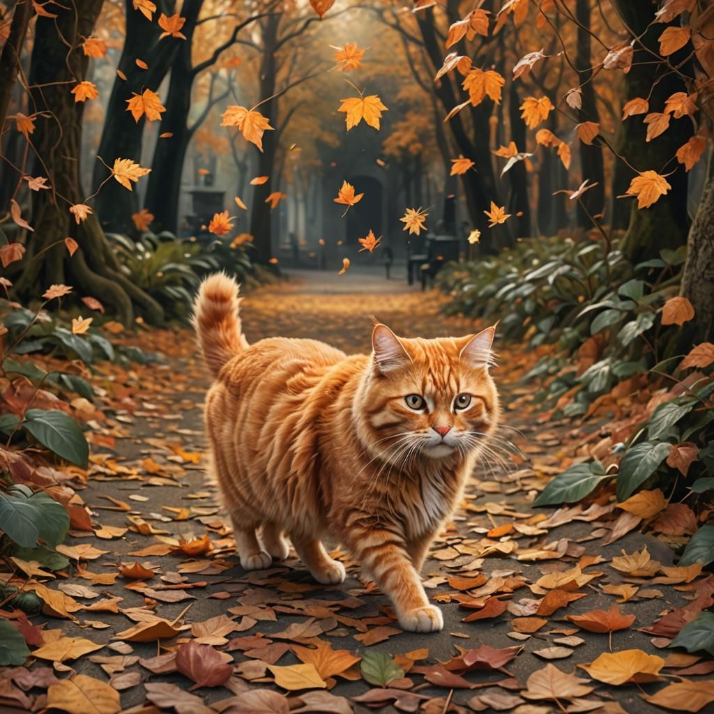 Orange Cat Walks Through Autumn Leaves