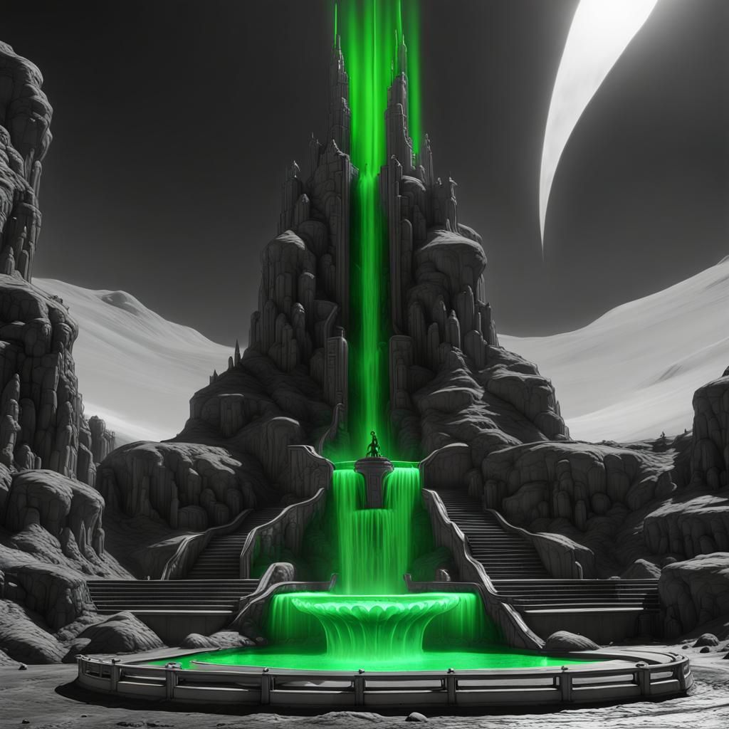 Neon Fountain on Barren Planet: Dark Fantasy Concept Art