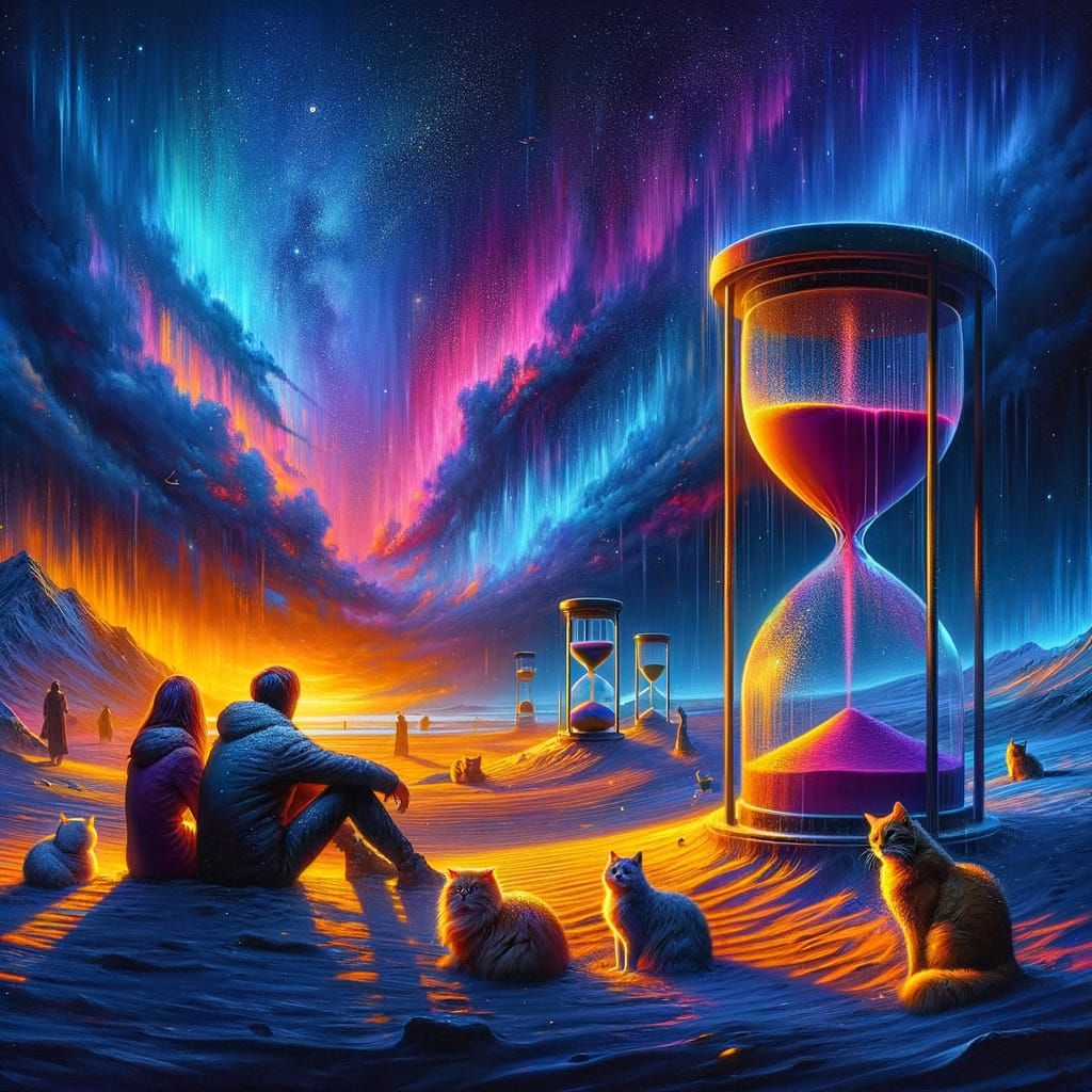 Hyperrealistic Desert Midnight Scene with Surrealist Cats