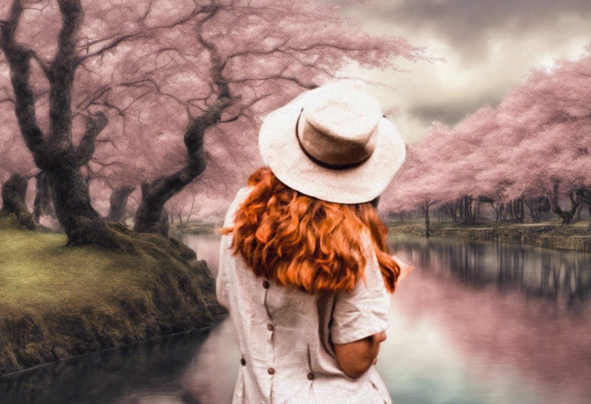 Pop Surrealism: Lakeside Cherry Blossoms in Pastel