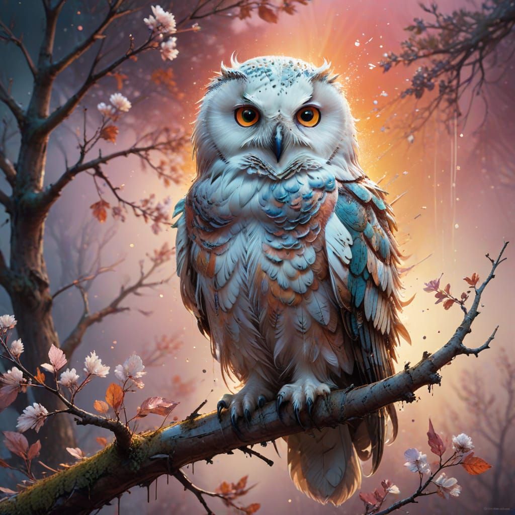 Dreamy Watercolor Snow Owl Amidst Autumn Branches in Vibrant...