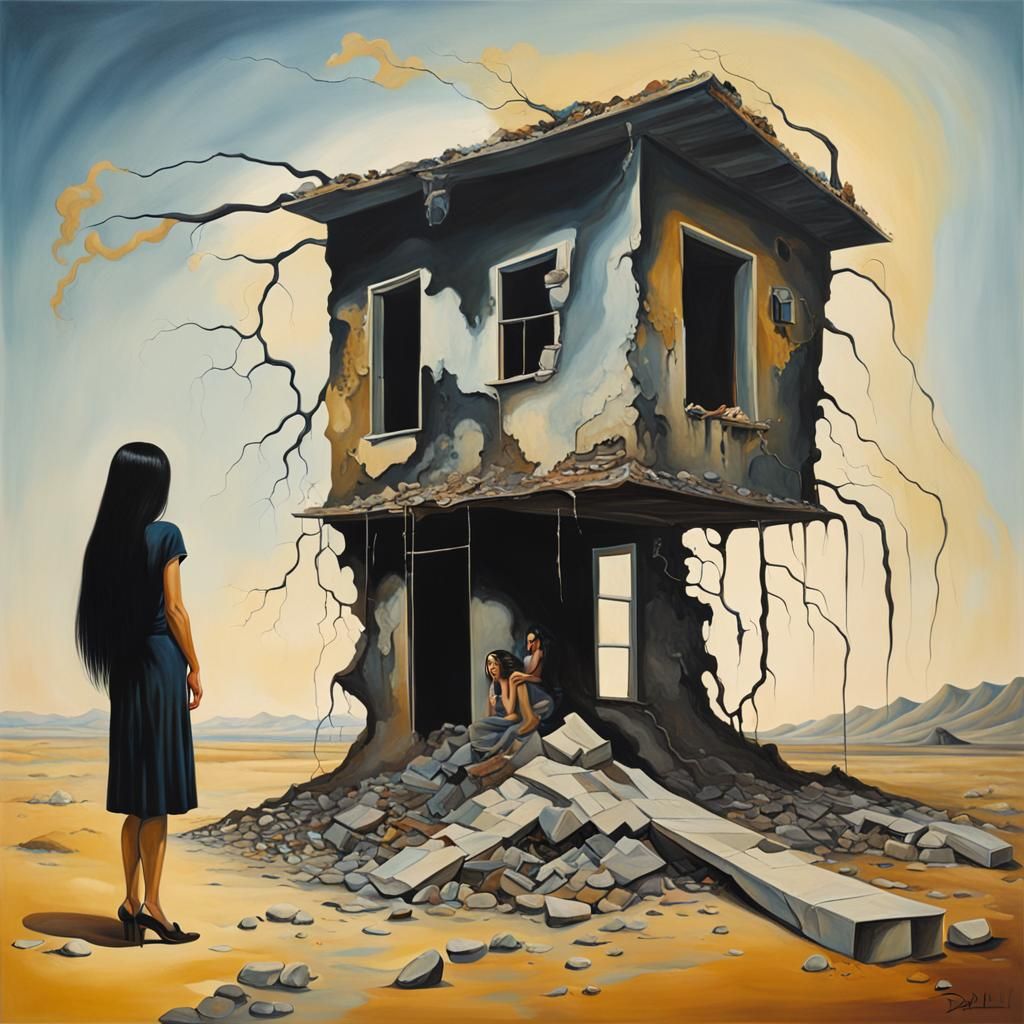 Surrealist Couple by Demolished House as Oil Painting