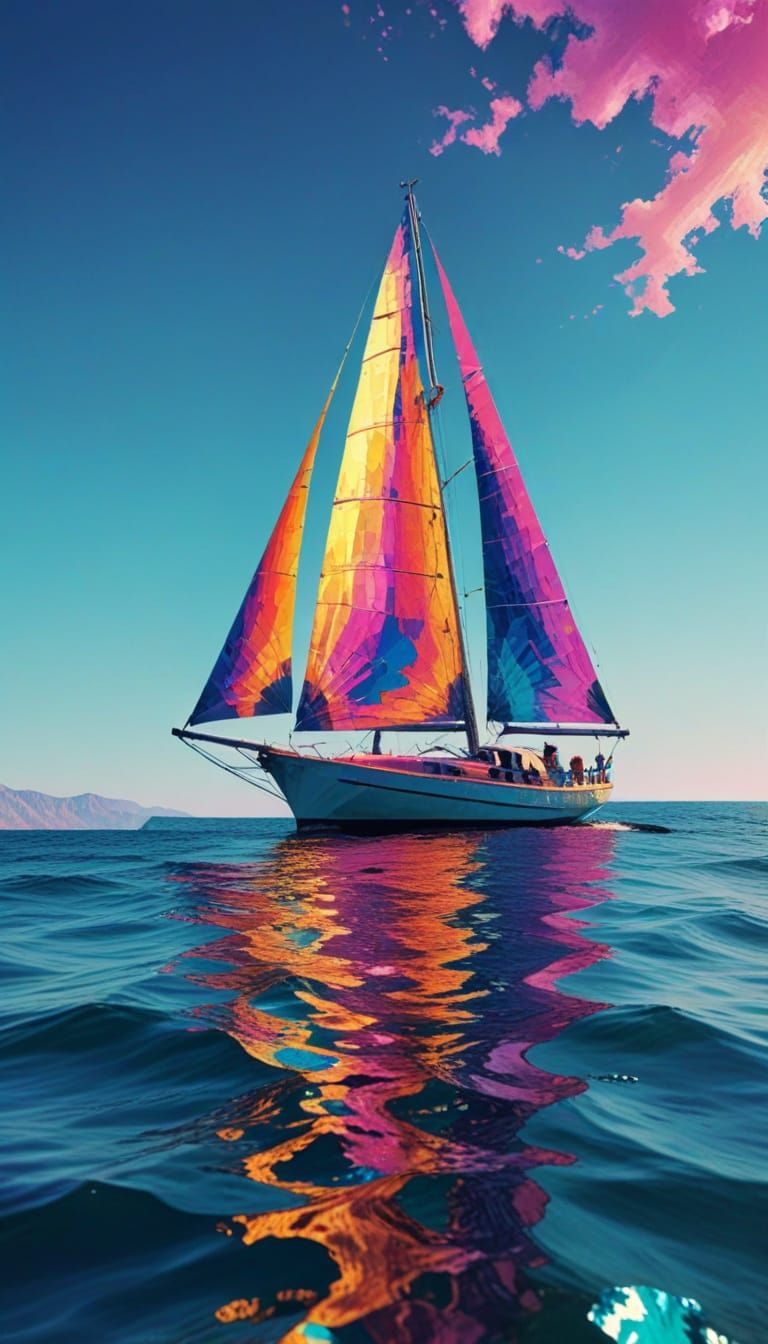 Glitchcore Sailboat Navigating Rocky Seas