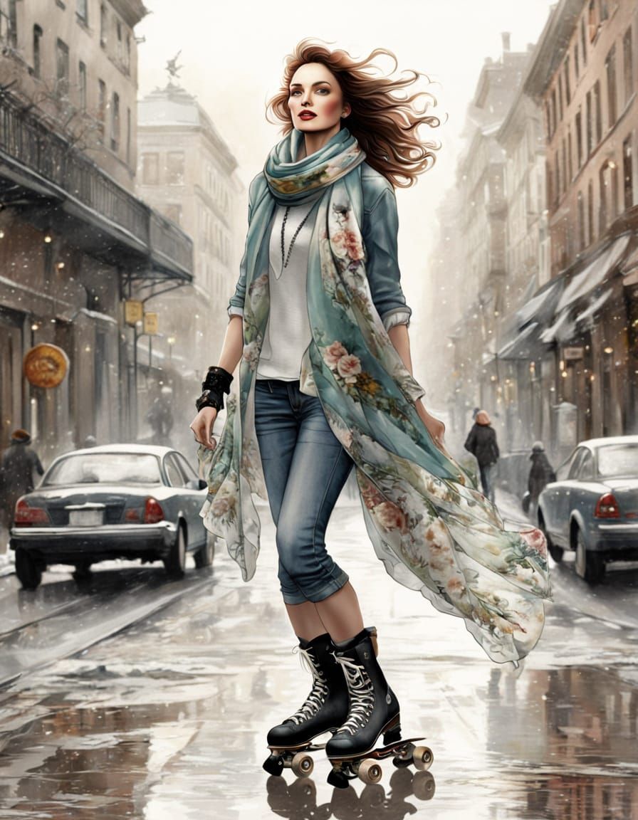 Beautiful Woman Roller Skating in City, Floral Scarf