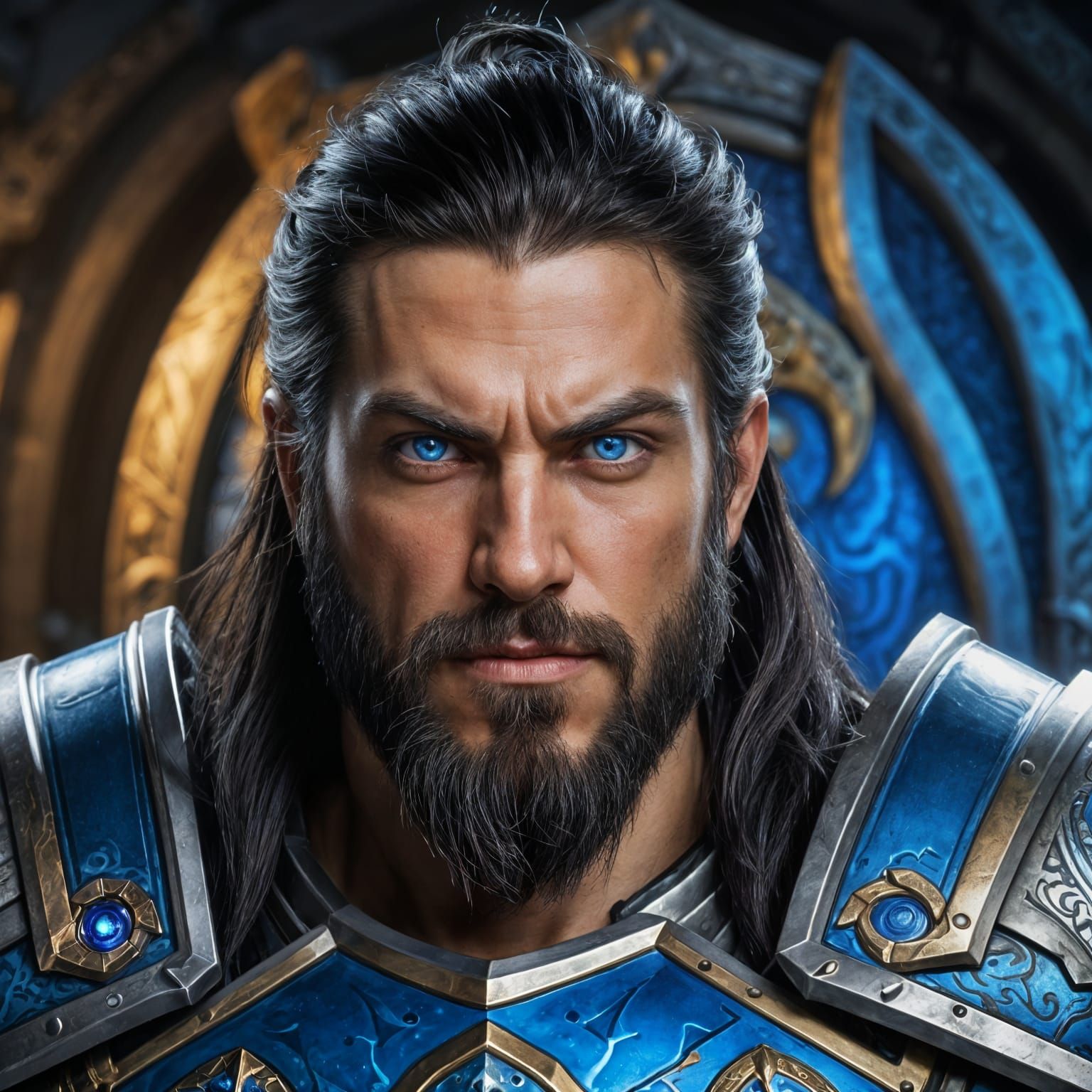 Hyperrealistic Portrait of Armored Leader with Blue Eyes
