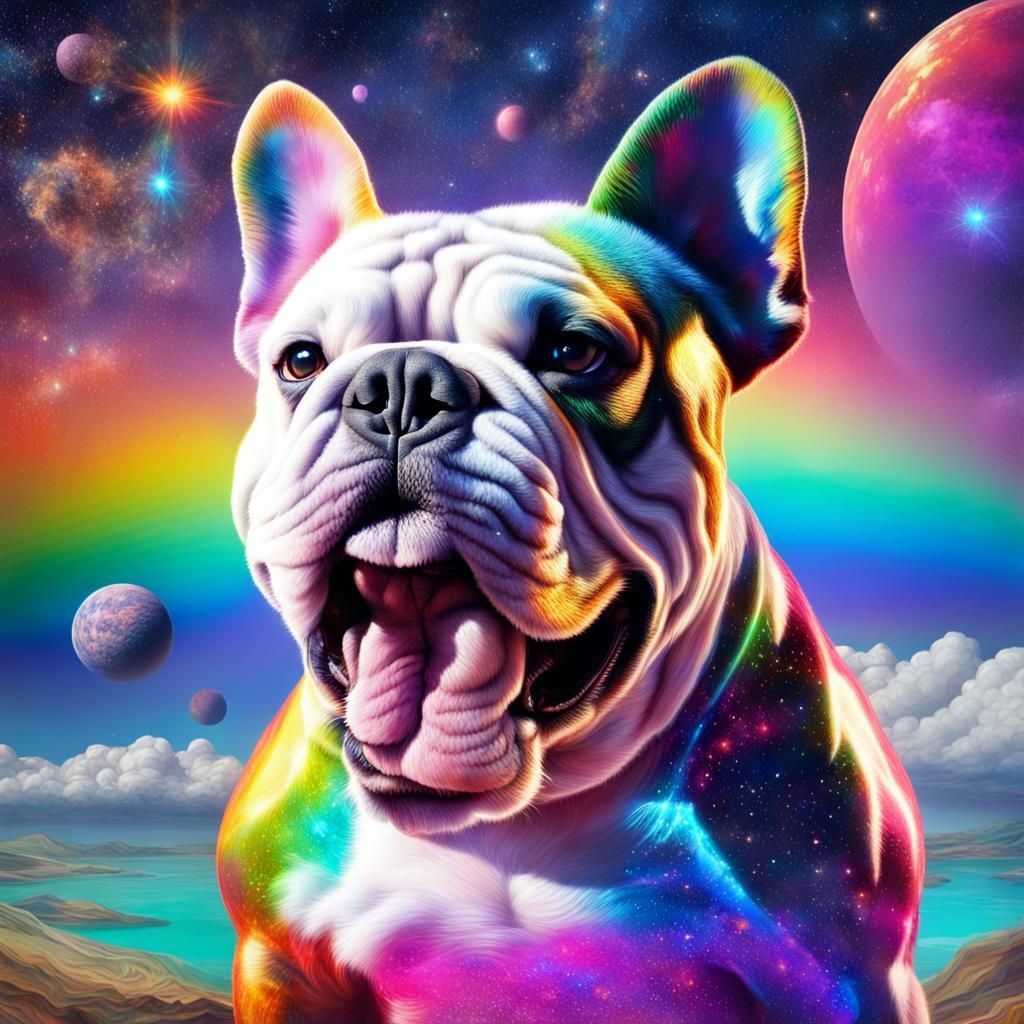 Bulldog in Space with Rainbow, Holographic Illustration