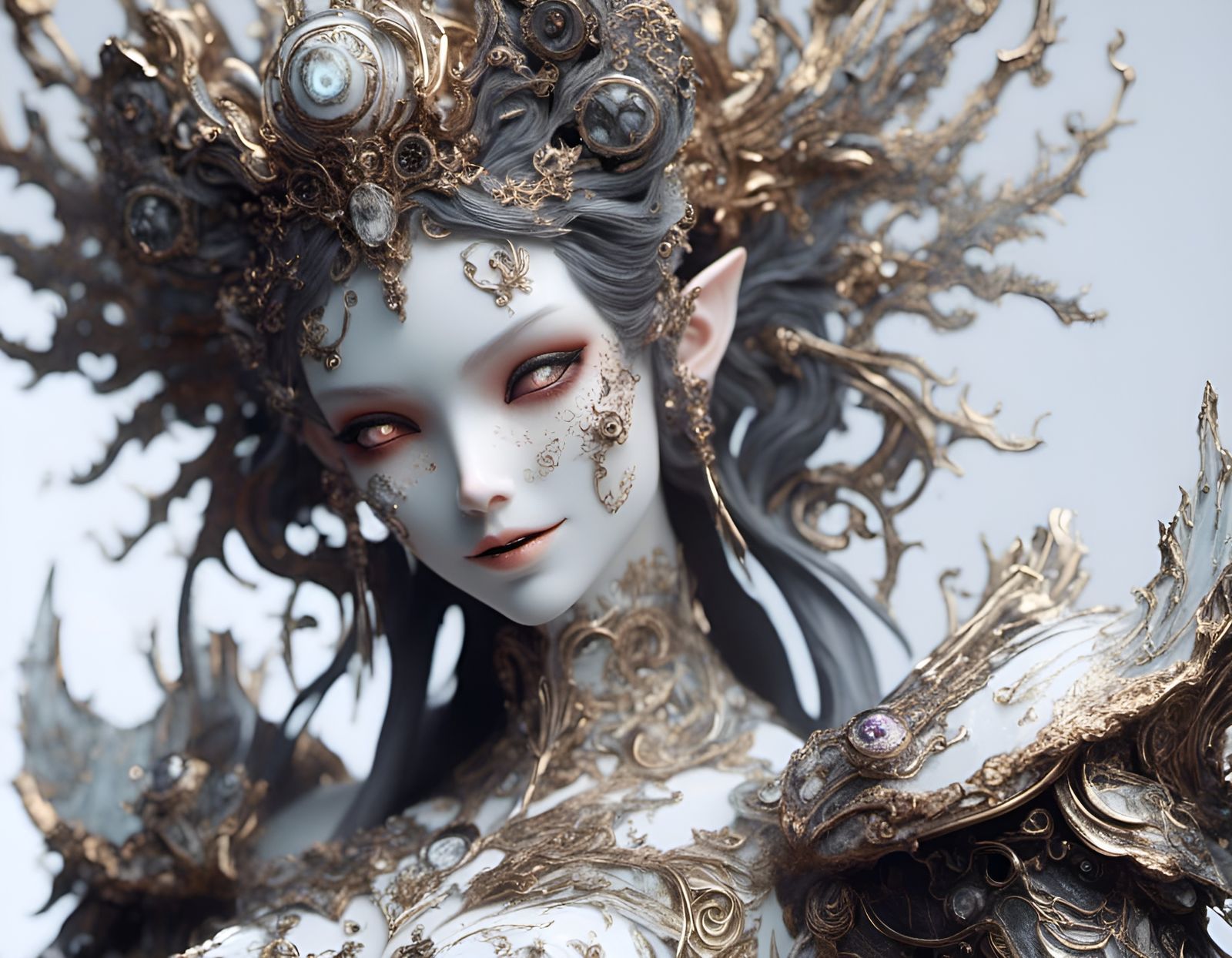 Evil White Ceramic Cyborg God Statue Close-up