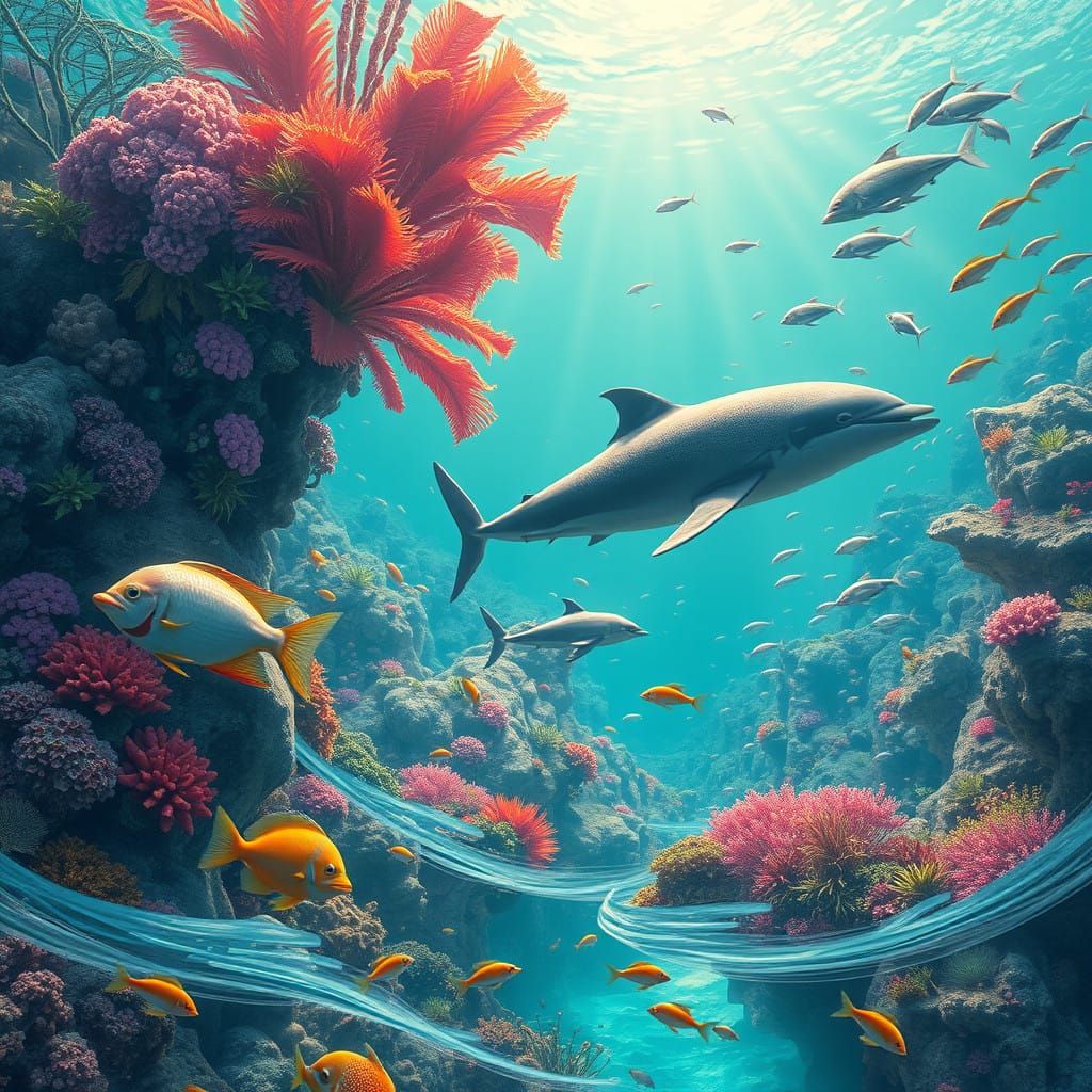 Tropical Ocean Paradise with Majestic Dolphins and Iridescen...