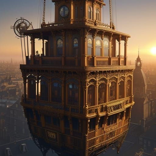 Steampunk Zeppelin Over Victorian City, Digital Painting