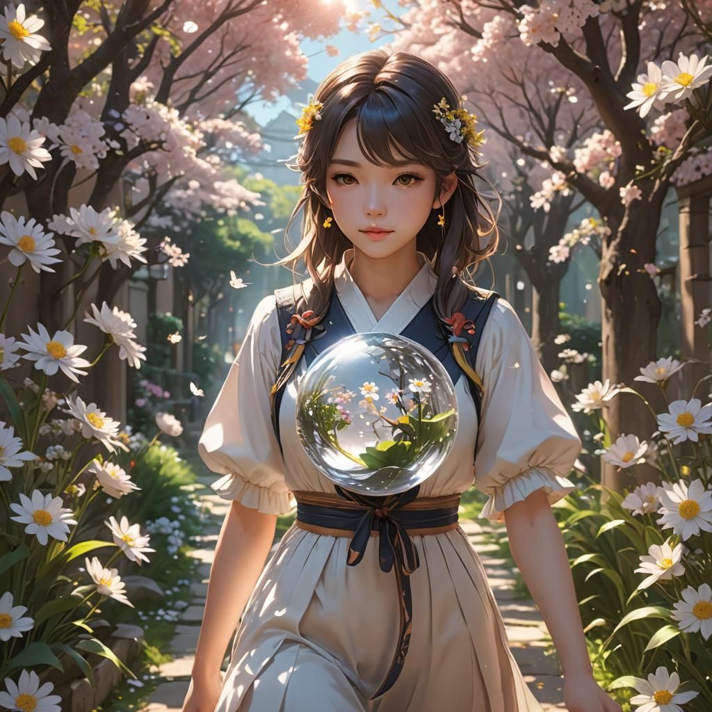 Girl on Flower Path with Crystal Ball in Anime Style