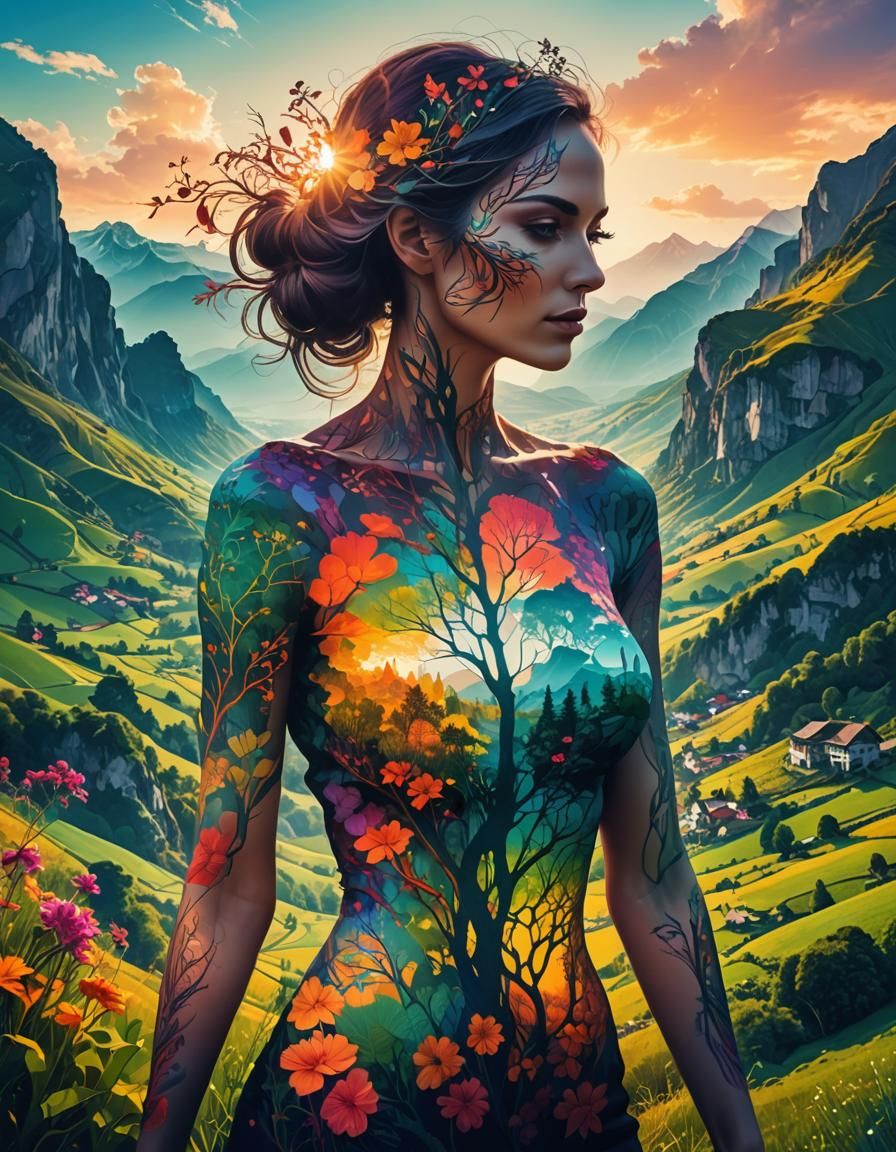 Mystical Silhouette: Double Exposure Countryside Art