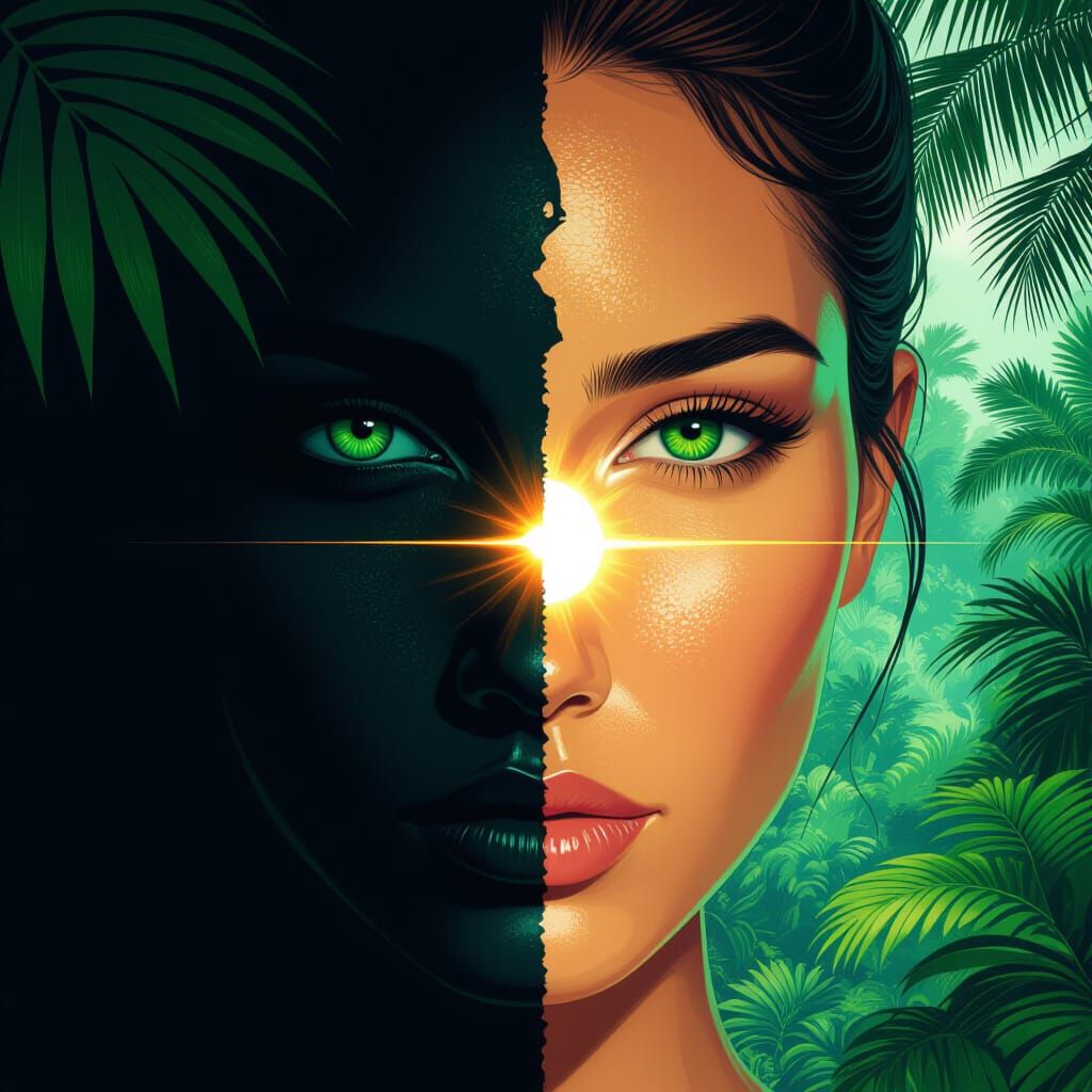 Surreal Face with Eclipse and Rainforest, Digital Art