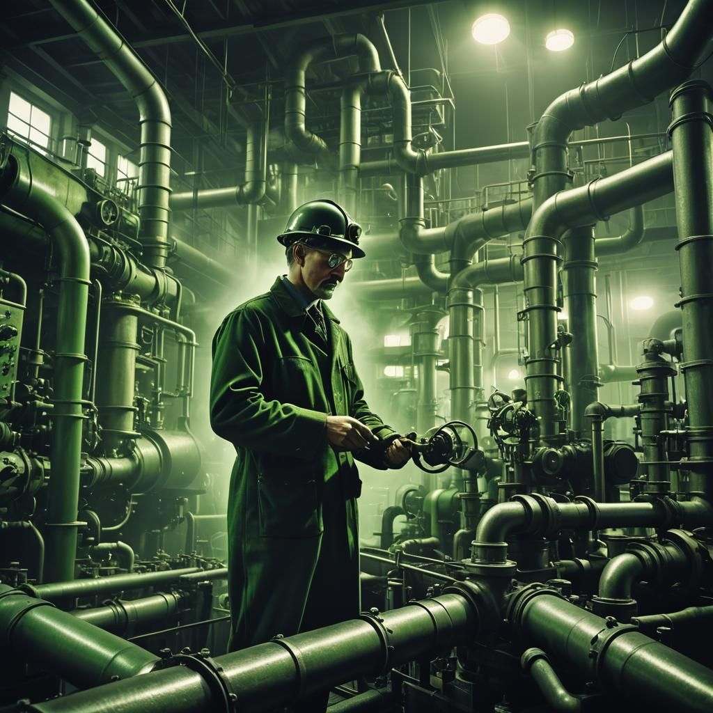 Surreal Worker Inspects Machinery in Mysterious Factory