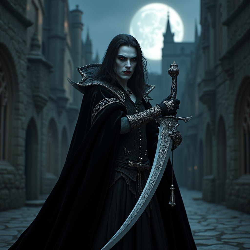 Dark Fantasy Vampire Lord in Moonlit Castle Courtyard