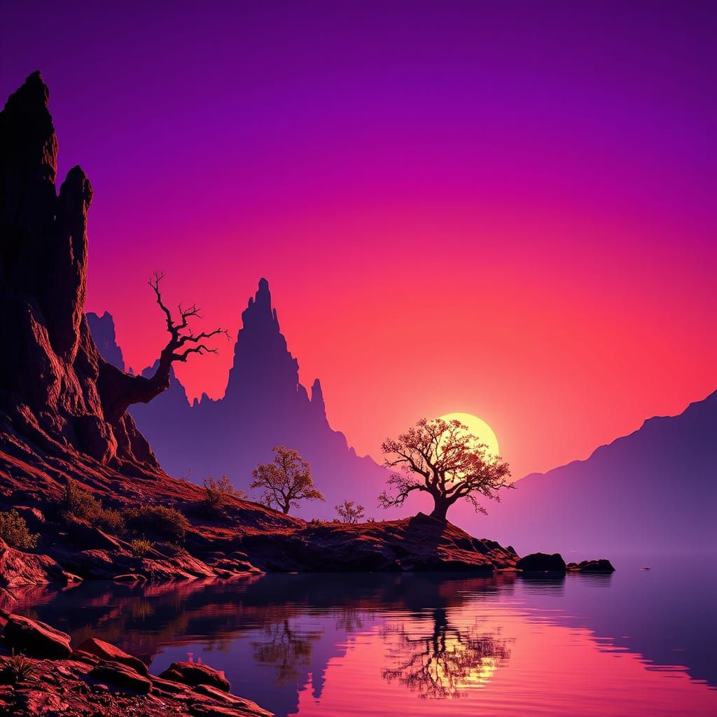 Surreal Landscape with Gradient Sky and Reflective Lake