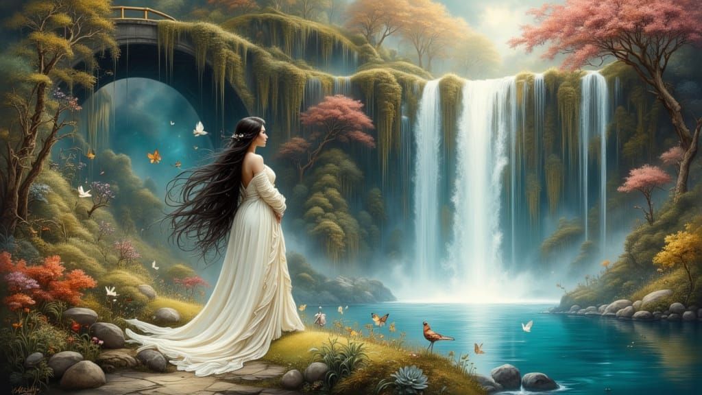 Woman in White Gown at Enchanted Waterfall