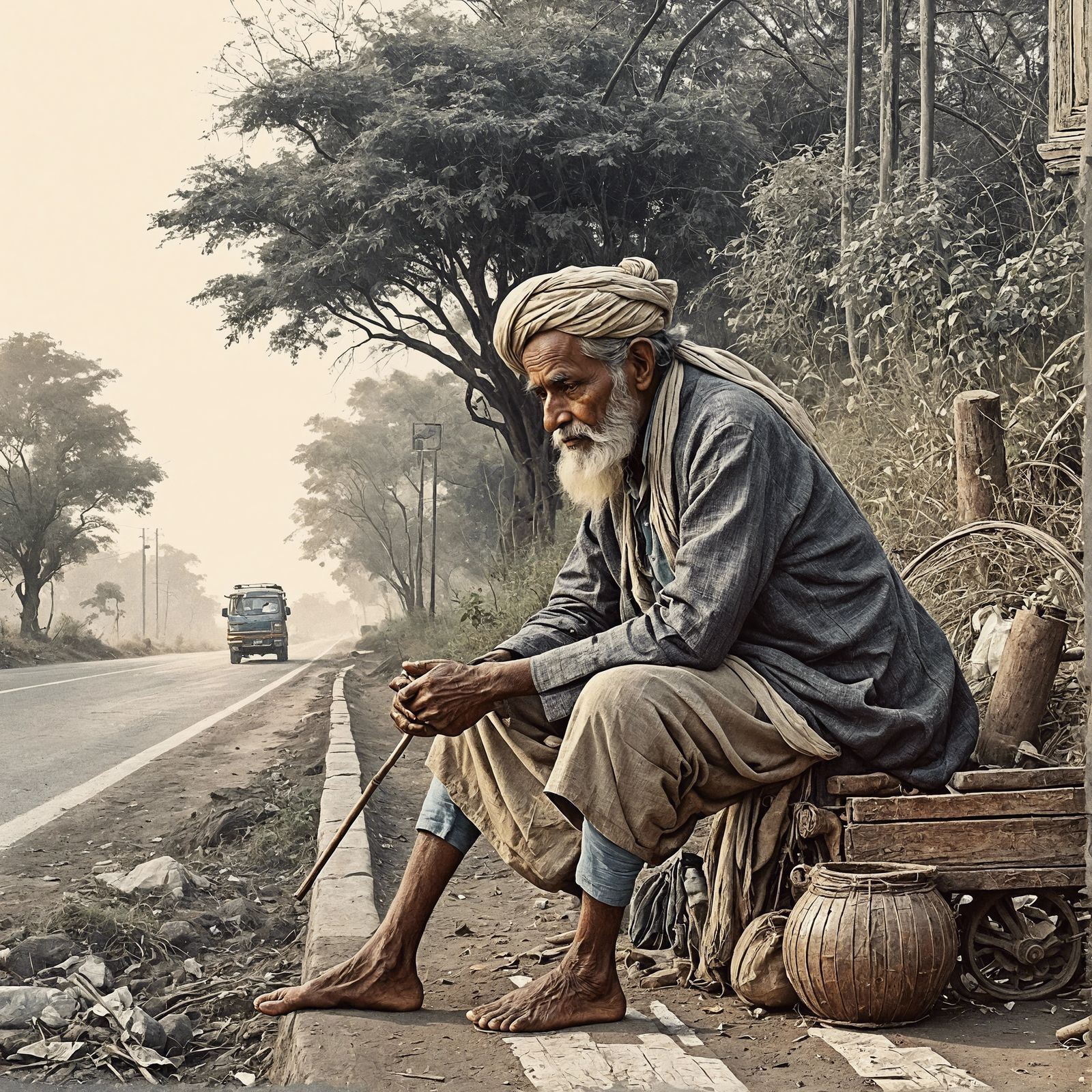 Old Man Waiting: Pahari-Paubha Digital Art