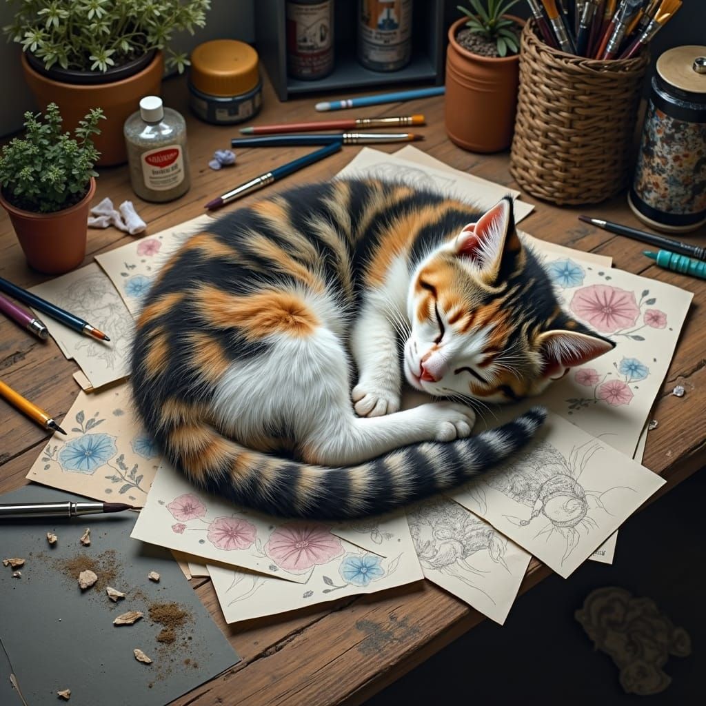 Adorable Calico Kitten Sleeping on Artist's Desk