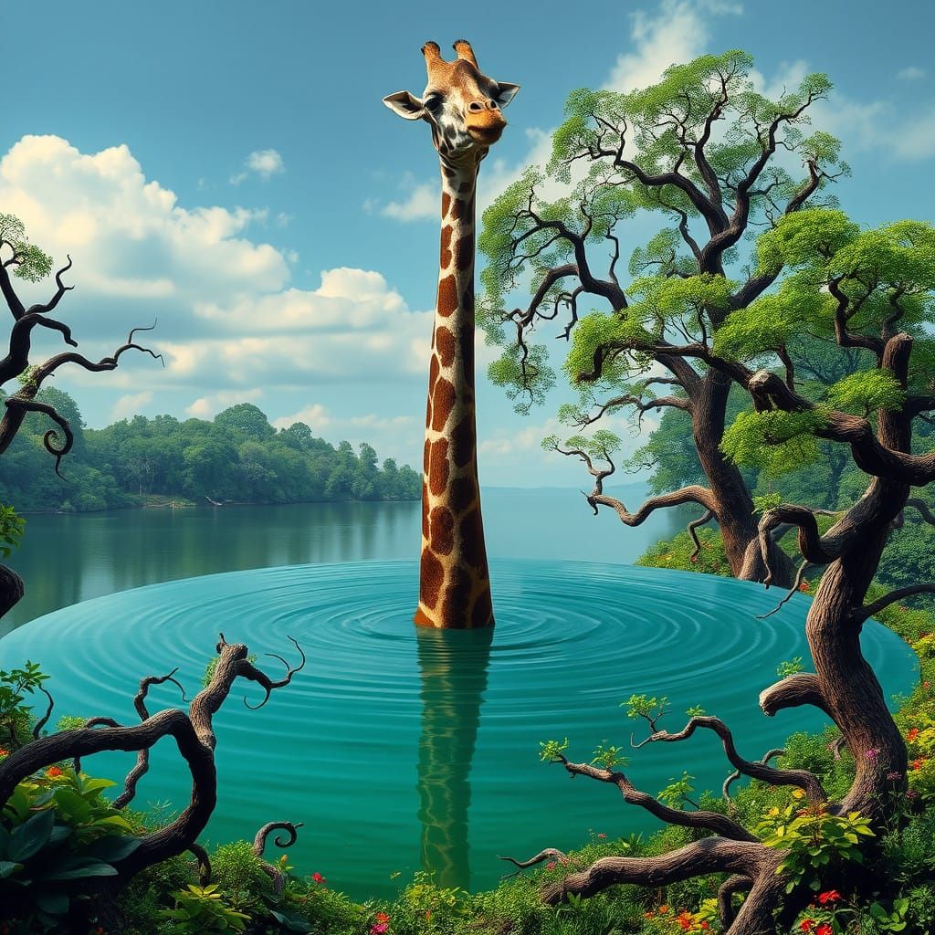 Surreal Landscape with Giraffe's Head Emerging from a Round ...