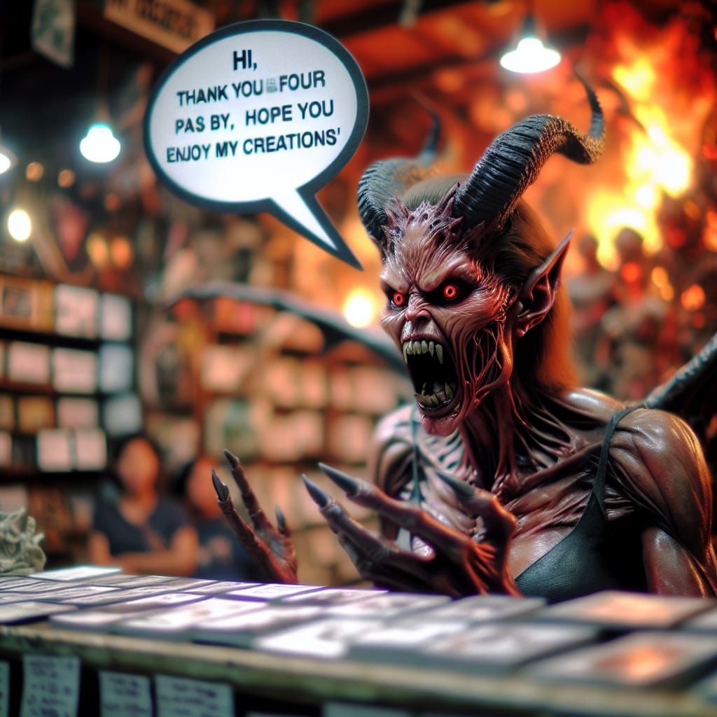 Demonic Woman's Surprising Art Shop Greeting