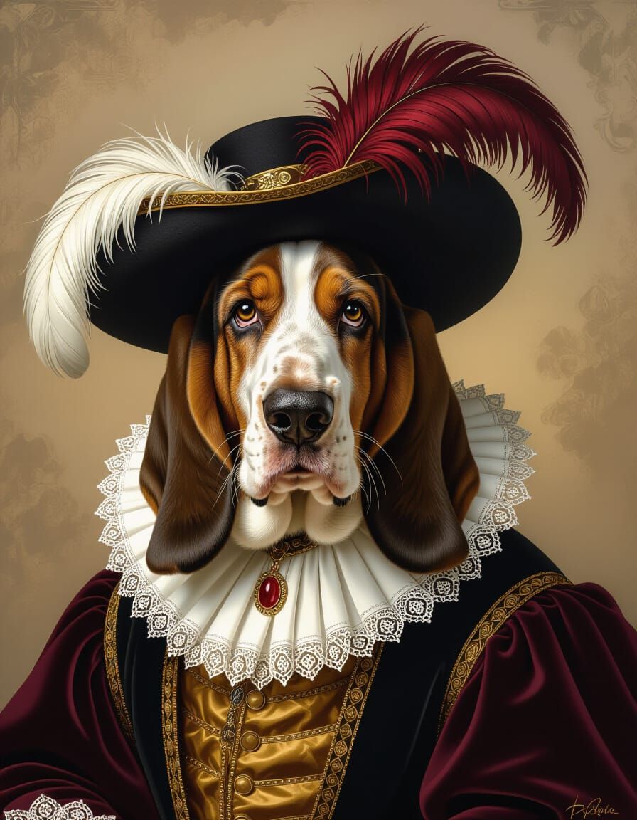 Renaissance Basset Hound Portrait in Gothic Atmosphere