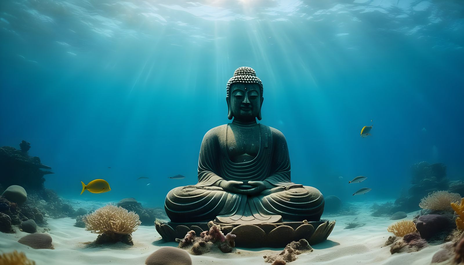 Realistic Underwater Scene with Ancient Stone Buddha