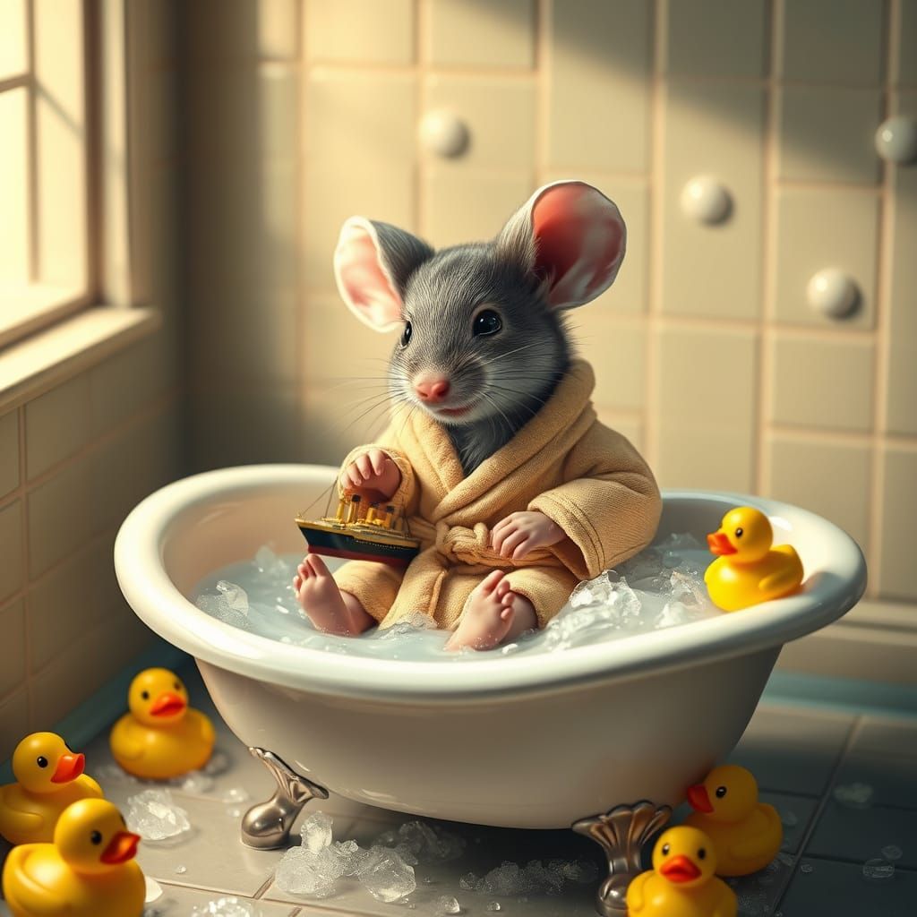 Hyperrealistic Mouse in Bathtub with Toy Titanic