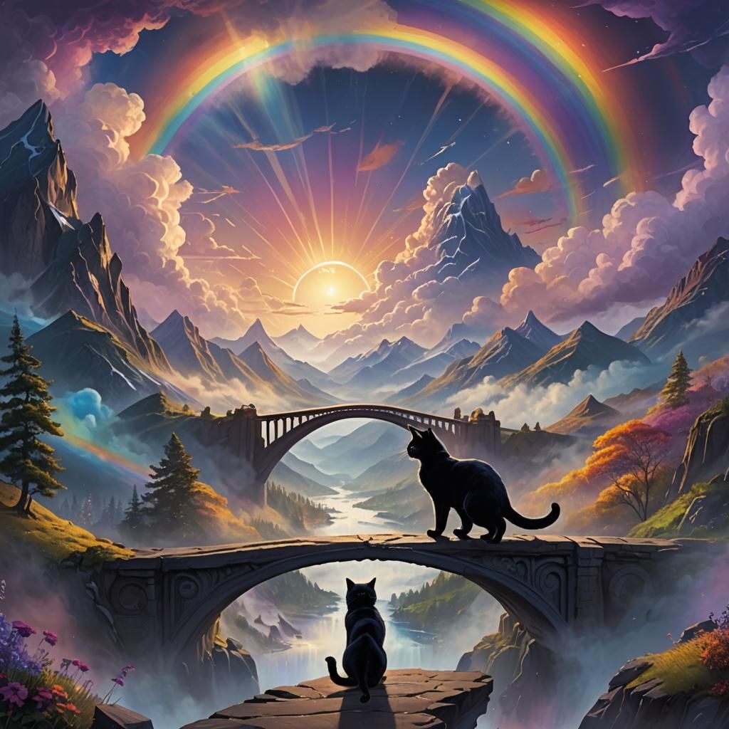 Black Cat on Rainbow Bridge Fantasy Art
