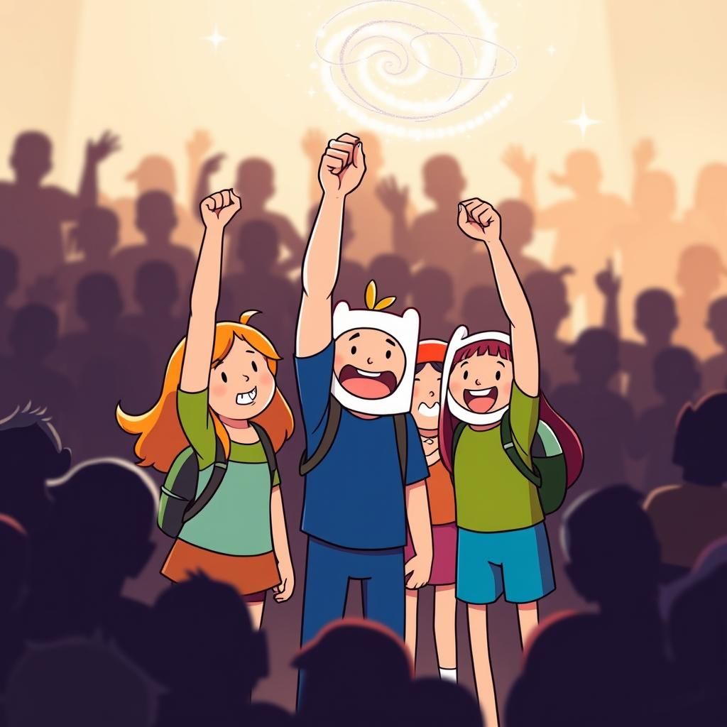 Joyful Cartoon Characters Celebrate Victory in Cel-Shaded St...