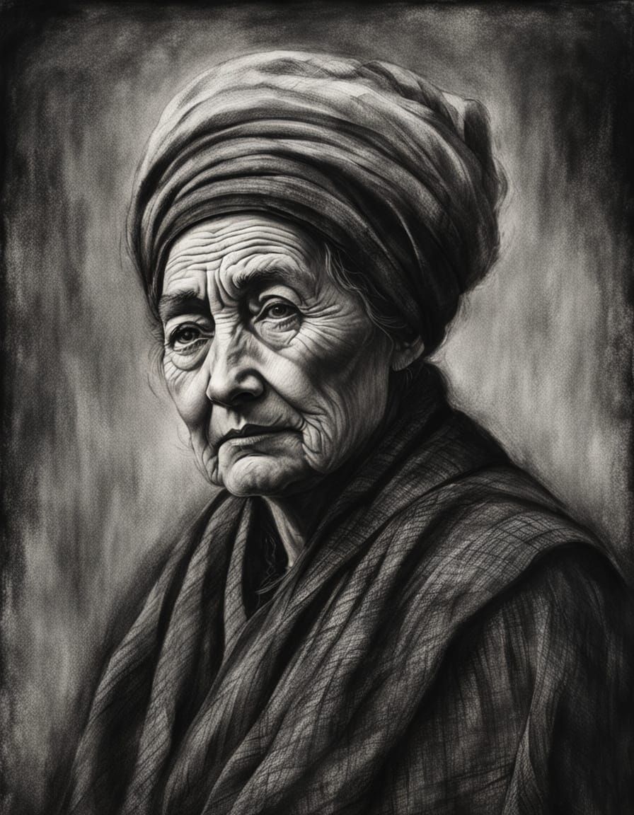 Fine Art Charcoal Portrait of Woman in Old Clothing