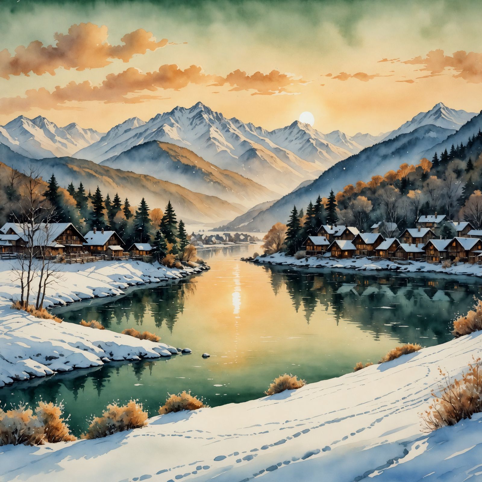 Winter Lake Village in Dreamy Watercolor Style