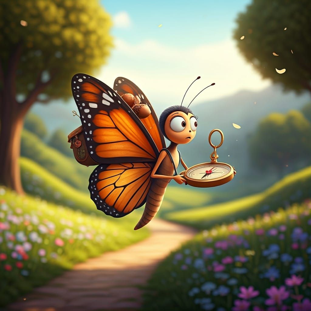 Bewildered Butterfly with Backpack Navigates Meadow in CGI S...