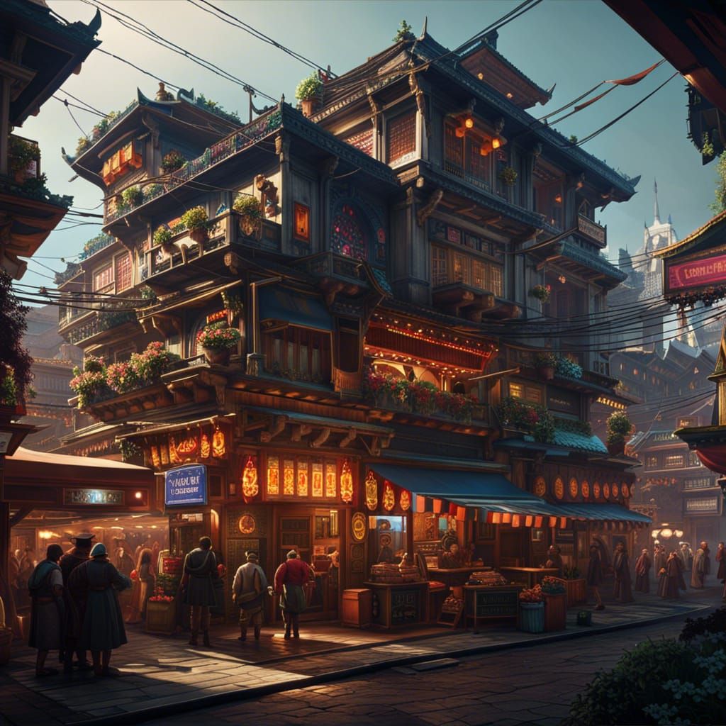 Vibrant Futuristic Market with Floating Transportation