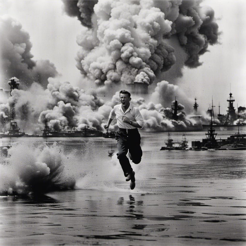 Sailor Escaping Pearl Harbor Attack: Vintage Film Photo