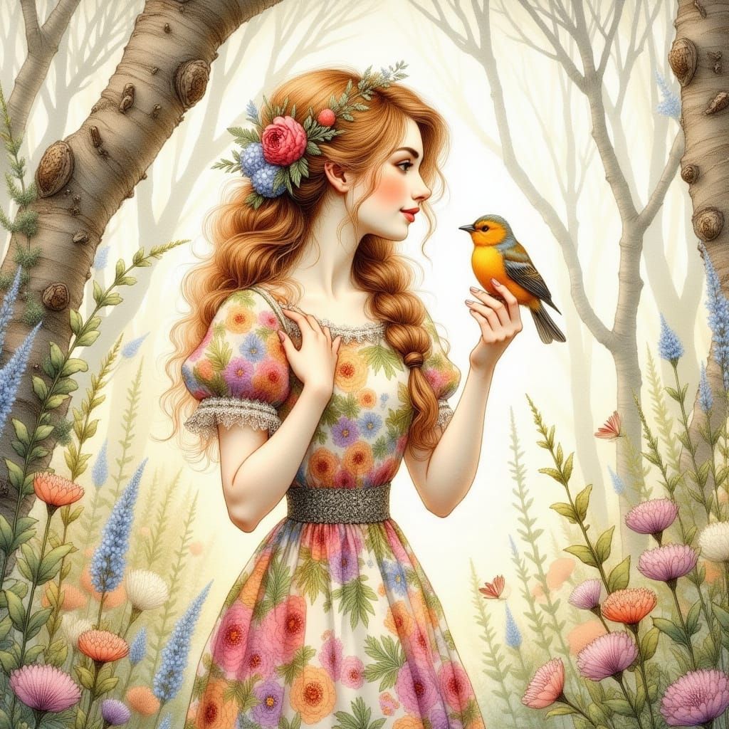 Whimsical Girl in Floral Dress with Curious Bird