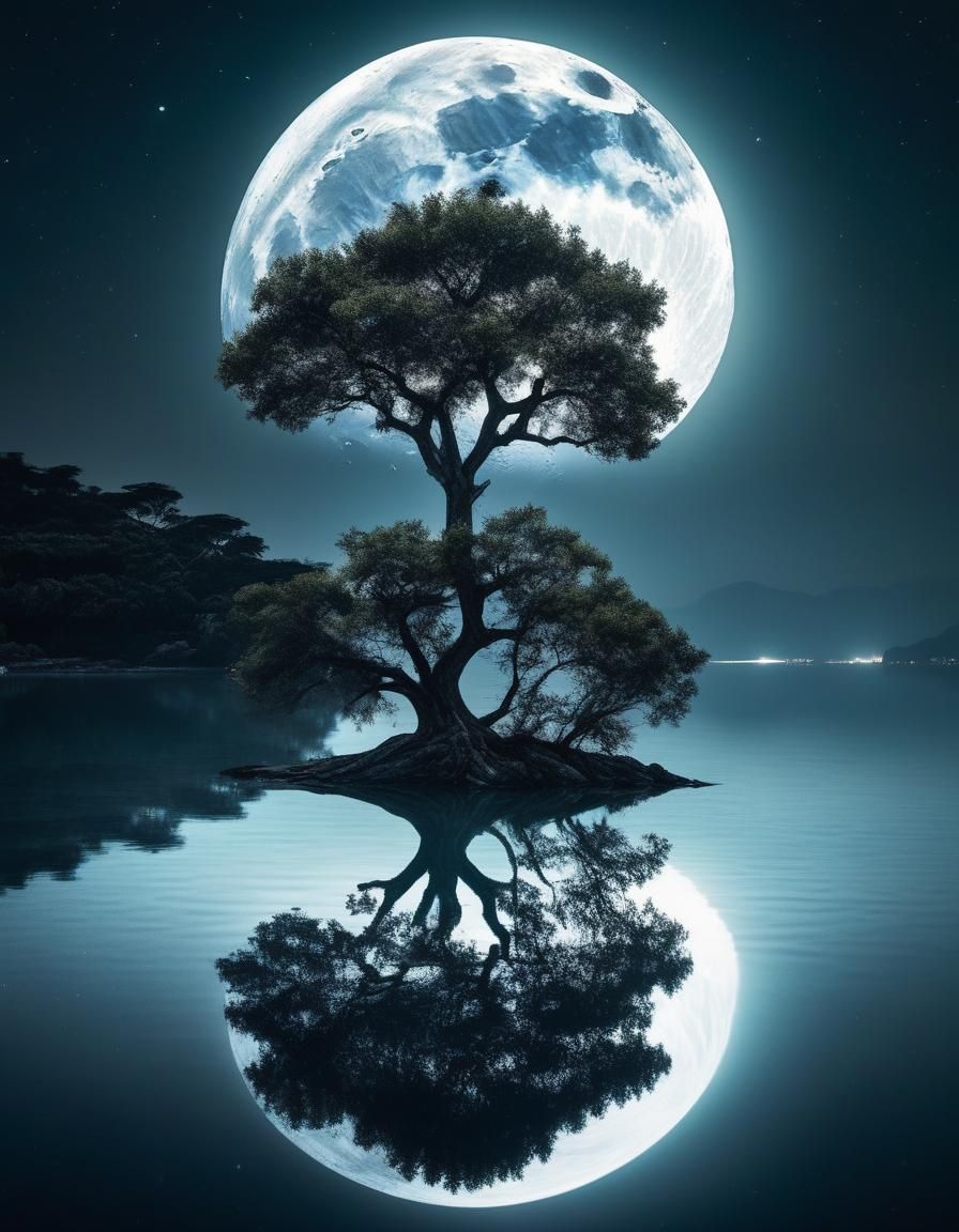 Dreamlike Island Tree Under Binary Moonlight
