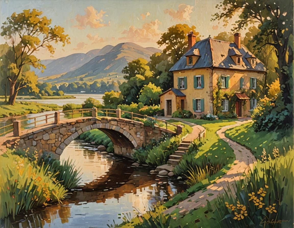 Riverside House in Impressionist Oil Painting Style