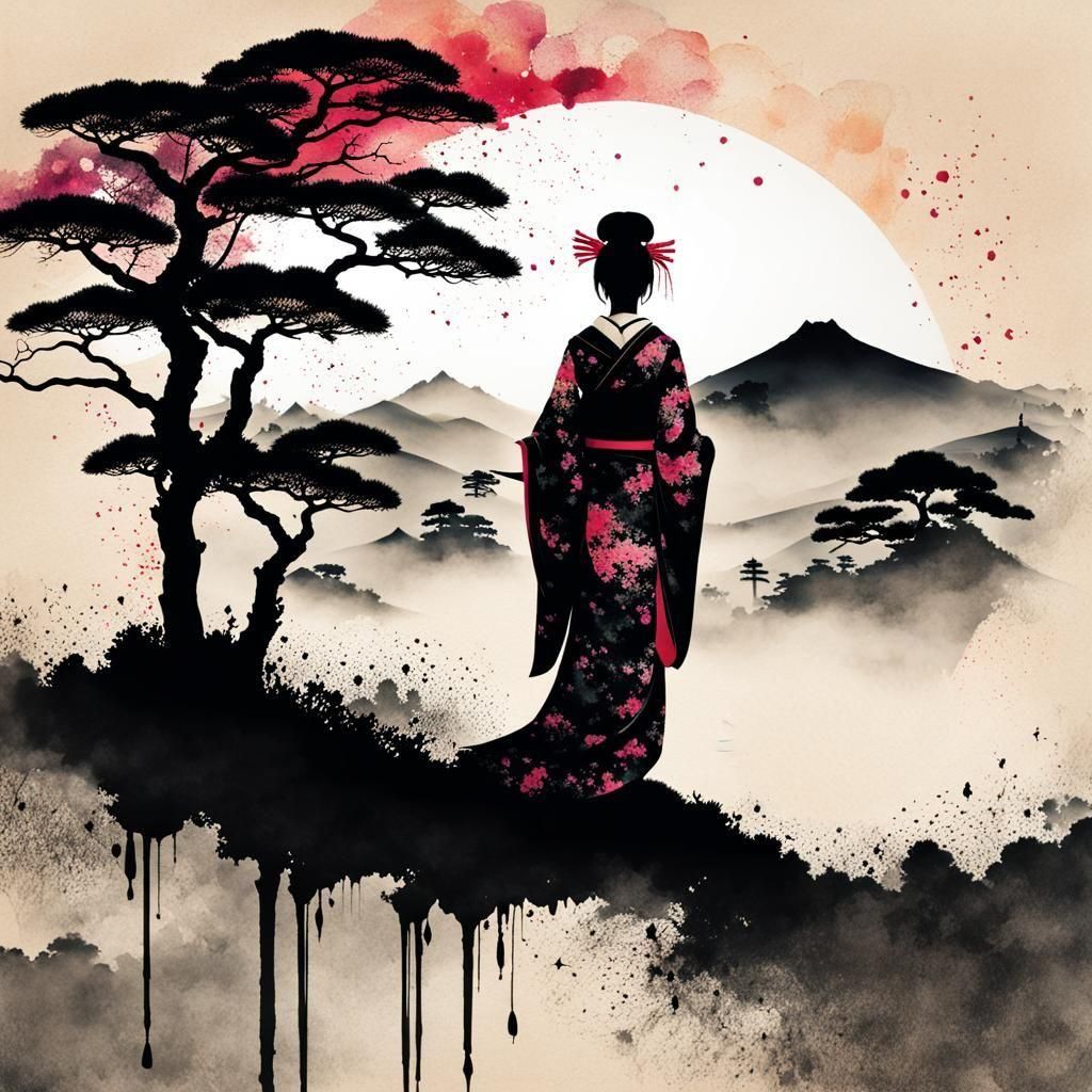 Geisha Silhouette in Ink Splatter Landscape