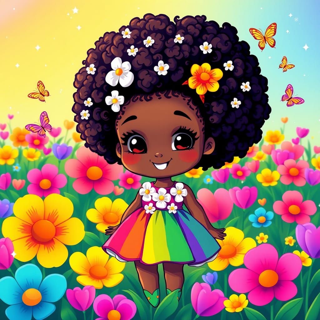 Chibi Girl in Rainbow Flower Field, Lisa Frank Style
