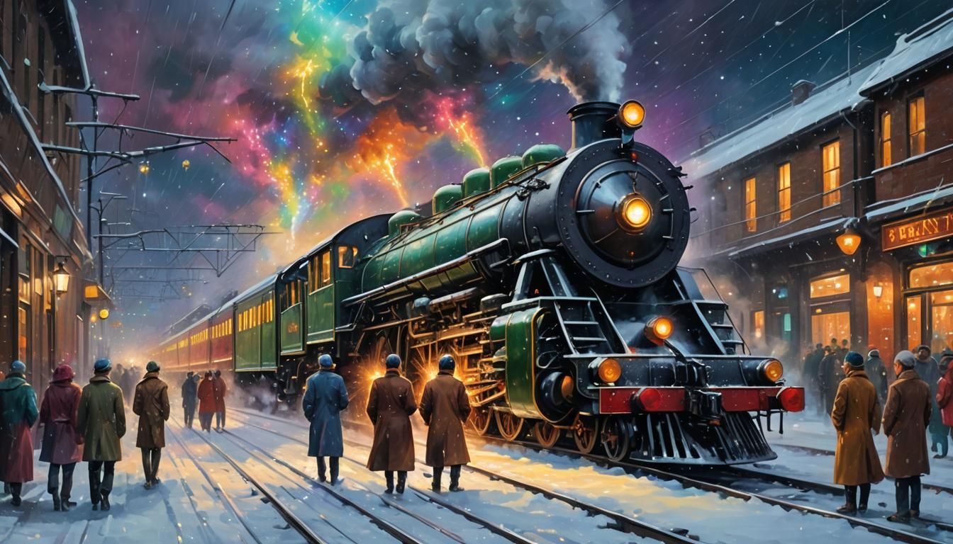 ''CHARLES'' The Snowy Christmas Futuristic Express Steam Train Scene,