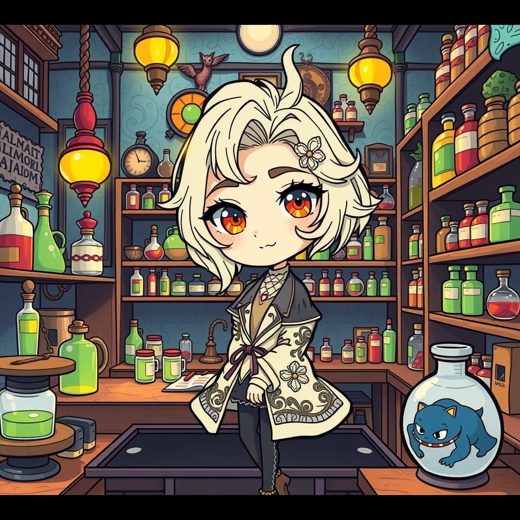 Chibi Pharmacist in Ornate Fantasy Pharmacy