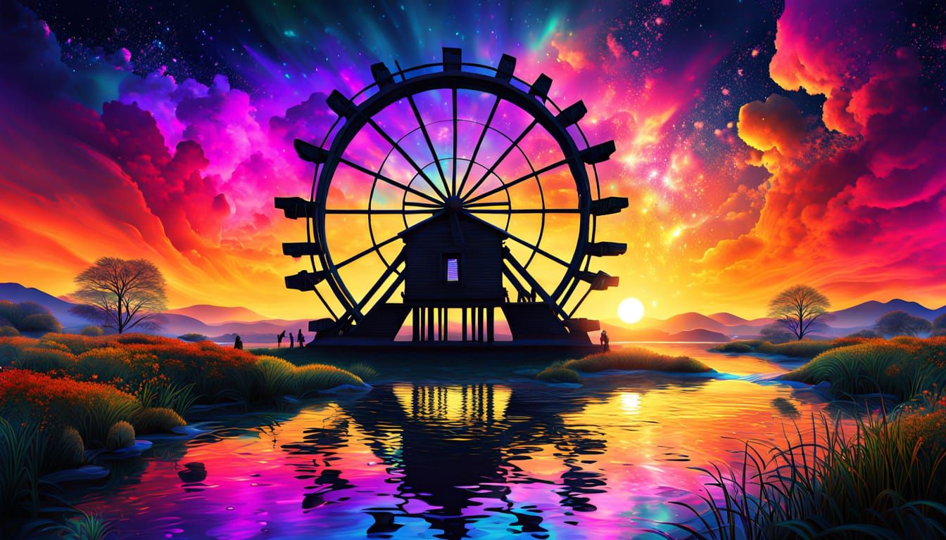Waterwheel in Ethereal Sunset Harmony