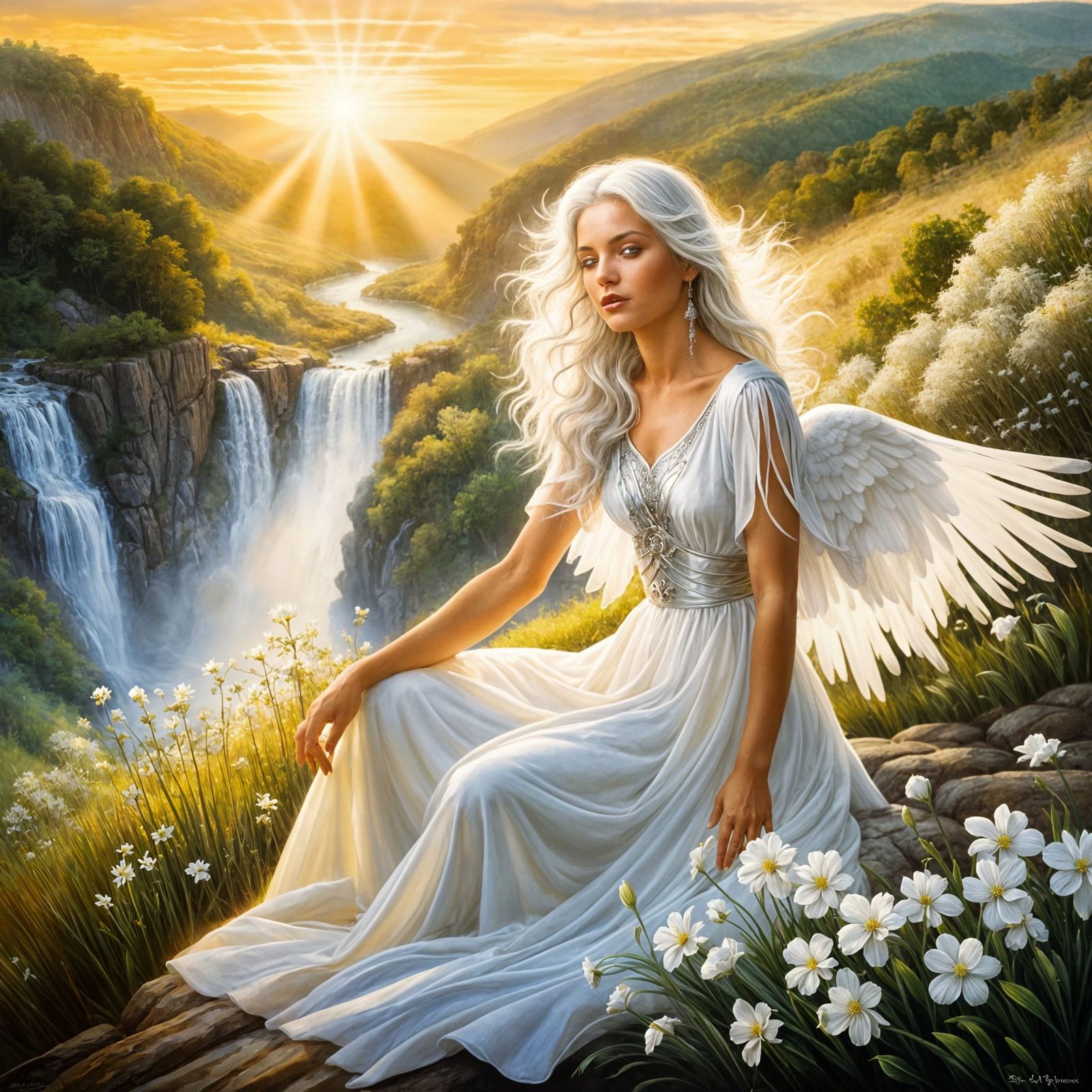 Angel Overlooking Waterfalls in Golden Sunset Light