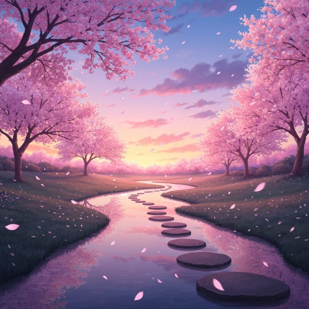 Anime Cherry Blossom Garden at Twilight