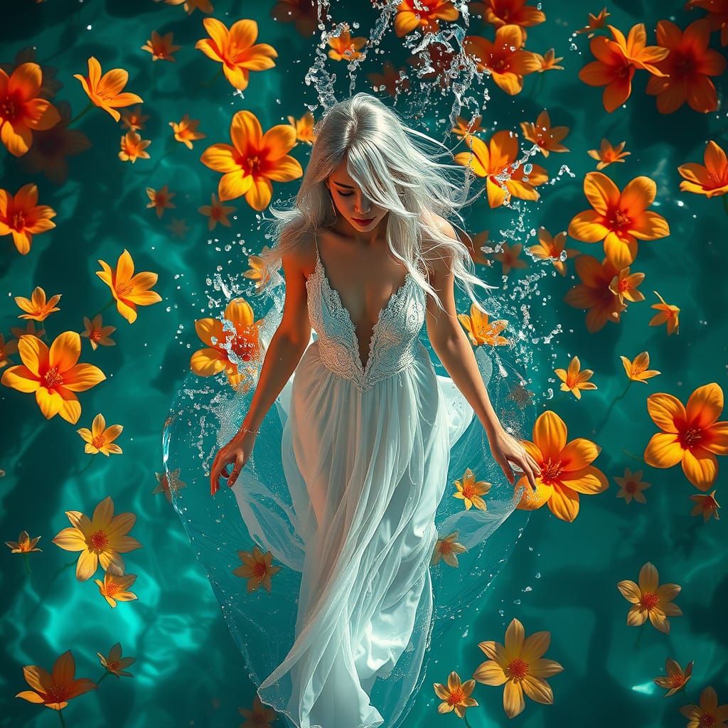 Serene Silver-Haired Woman Amidst Vibrant Floral Reflections...