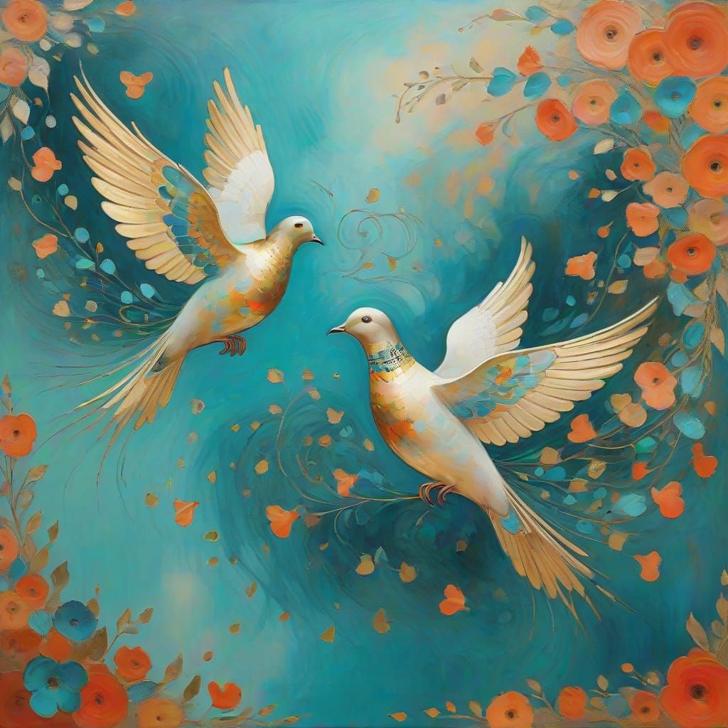 Surreal Birds in Flight, Stylized Heart Shape, Soft Gradient...