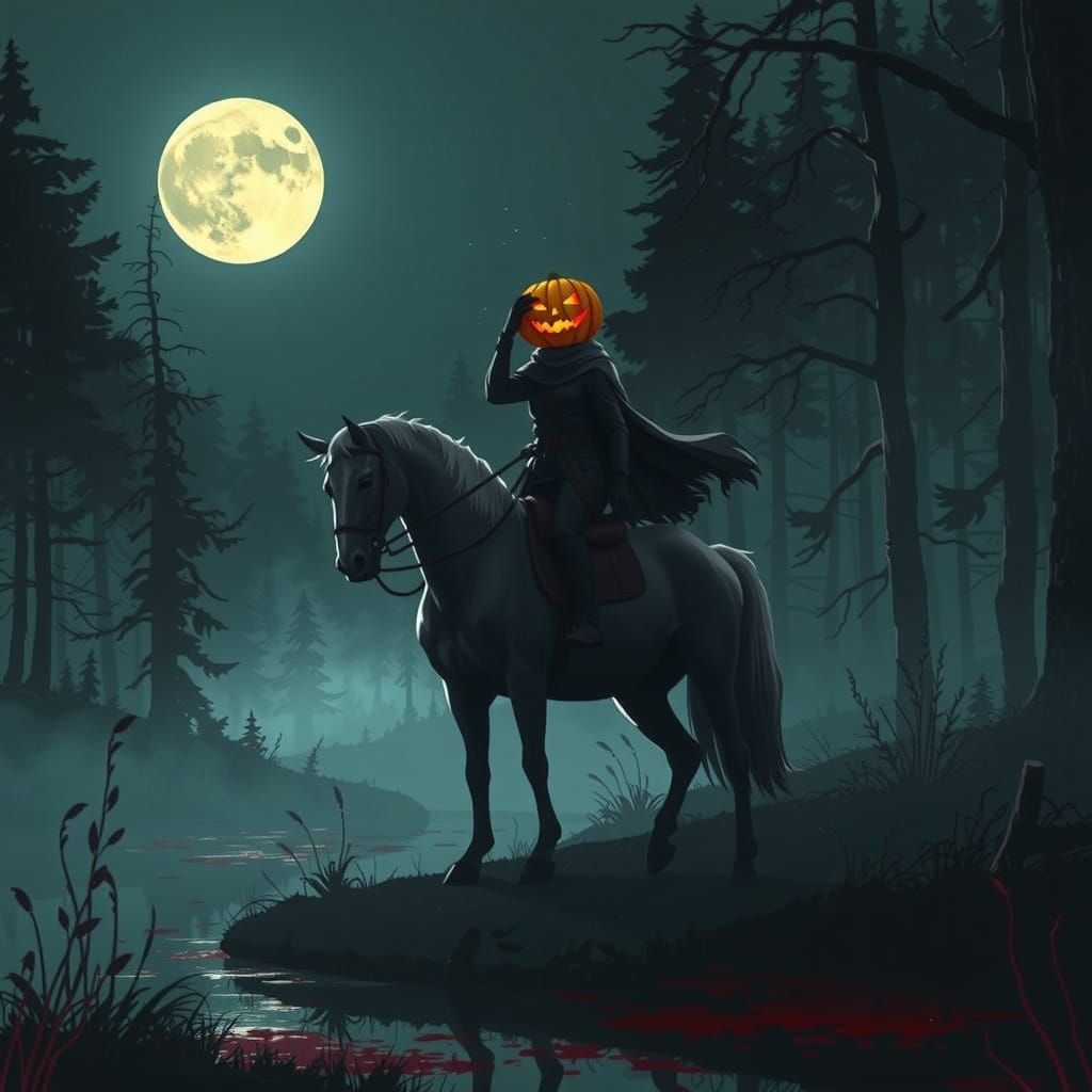 Headless Rider with Pumpkin on Horse in Misty Forest